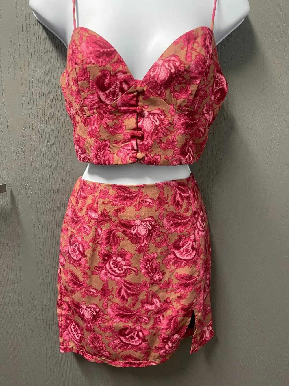 Pink Floral Coquette Matching Set Bustier Crop Top Mini Skirt NWT Size 8